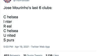 Jika disusun berdasarkan huruf depan, ternyata 6 klub terakhir Mourinho membentuk kata Circus. Ia memang banyak menghibur. Foto: dok. Twitter