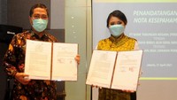 Direktur Consumer and Commercial Lending PT Bank Tabungan Negara (Persero) Tbk. Hirwandi Gafar bersama Ketua Umum Asosiasi Bisnis Alih Daya Indonesia (ABADI) Mira Sonia melakukan penandatanganan kerjasama antara Bank BTN dan ABADI di Jakarta, Rabu (21/4). Melalui kemitraan tersebut, sekitar satu juta karyawan kontrak dapat memiliki rumah dengan skema KPR FLPP BTN dan KPR BP2BT.    
