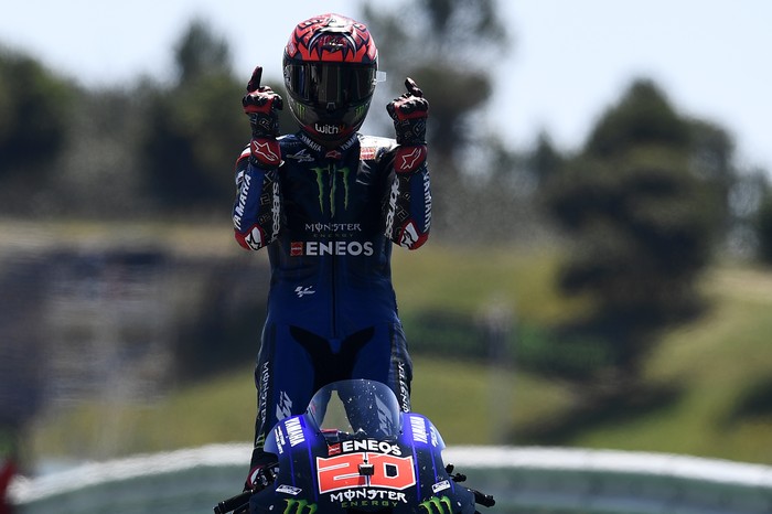 MotoGP rider Fabio Quartararo of France celebrates after winning the Portuguese Motorcycle Grand Prix at the Algarve International circuit near Portimao, Portugal, Sunday, April 18, 2021. (AP Photo/Jose Breton)