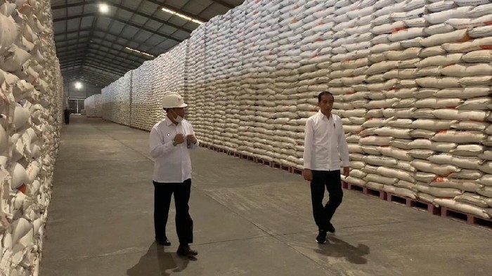 Presiden Jokowi dan Dirut BULOG meninjau stok beras