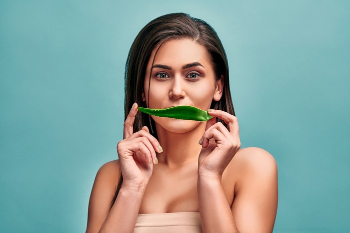Ilustrasi cara mencerahkan bibir hitam Portrait of a young beautiful woman who holds a leaf of aloe vera and hides a smile. The concept of cosmetics and facial and body care.