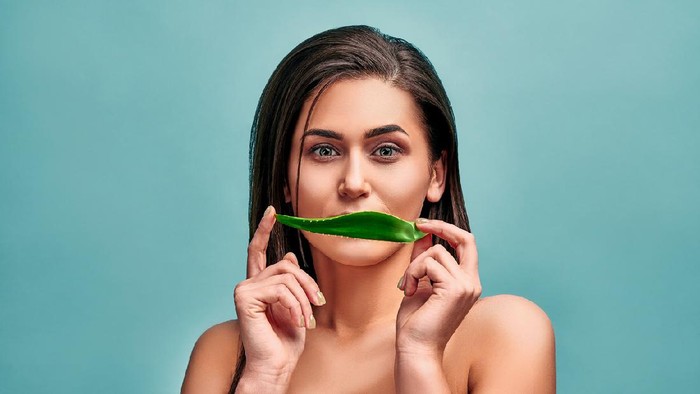 Portrait of a young beautiful woman who holds a leaf of aloe vera and hides a smile. The concept of cosmetics and facial and body care.