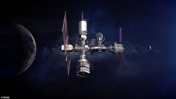 Stasiun Lunar Gateway ini akan diluncurkan dan menetap di orbit Bulan, hasil kolaborasi NASA dengan Eropa, Jepang dan Kanada. Komponen intinya akan diterbangkan pada tahun 2024 oleh Falcon Heavy dari SpaceX, bersamaan dengan mendaratnya manusia kembali di Bulan. Foto: NASA
