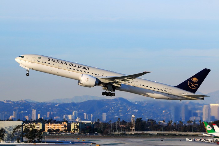 Los Angeles, CA, USA - Jan 02, 2016:Saudi Boeing 777-300ER (Registration No. HZ-AK19) taking off at LAX Airport.