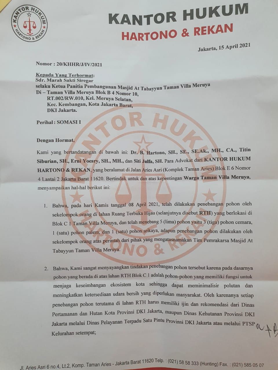 Surat somasi Hartono (Dok. Tim Pembangunan Masjid)