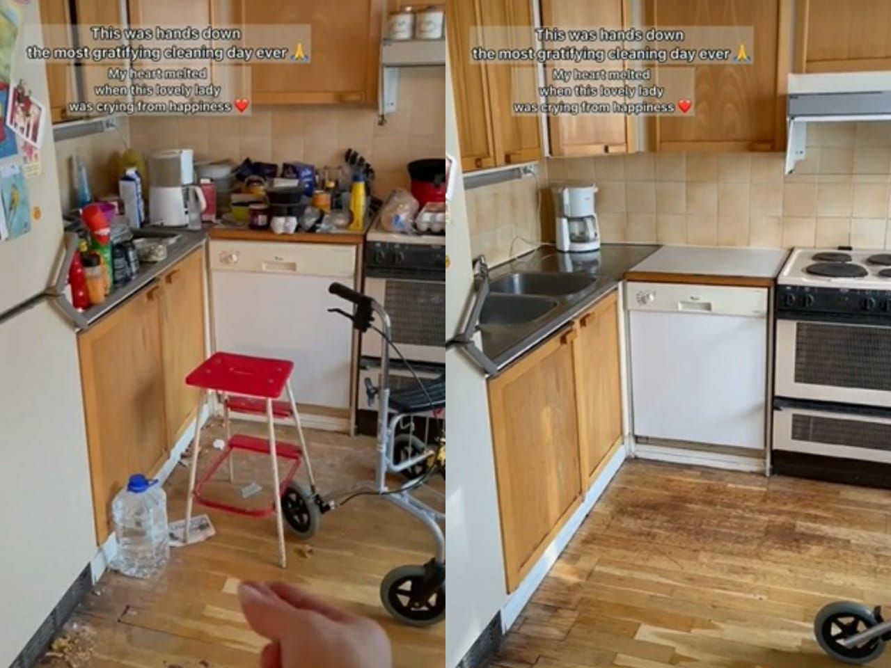 wanita bantu bersihkan perabotan dapur pasangan kakek nenek yang sudah renta.