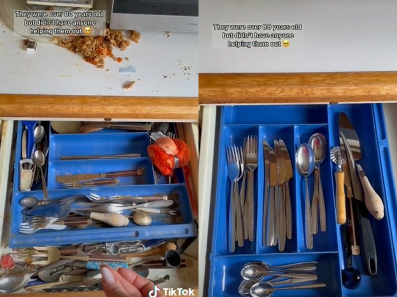 wanita bantu bersihkan perabotan dapur pasangan kakek nenek yang sudah renta.