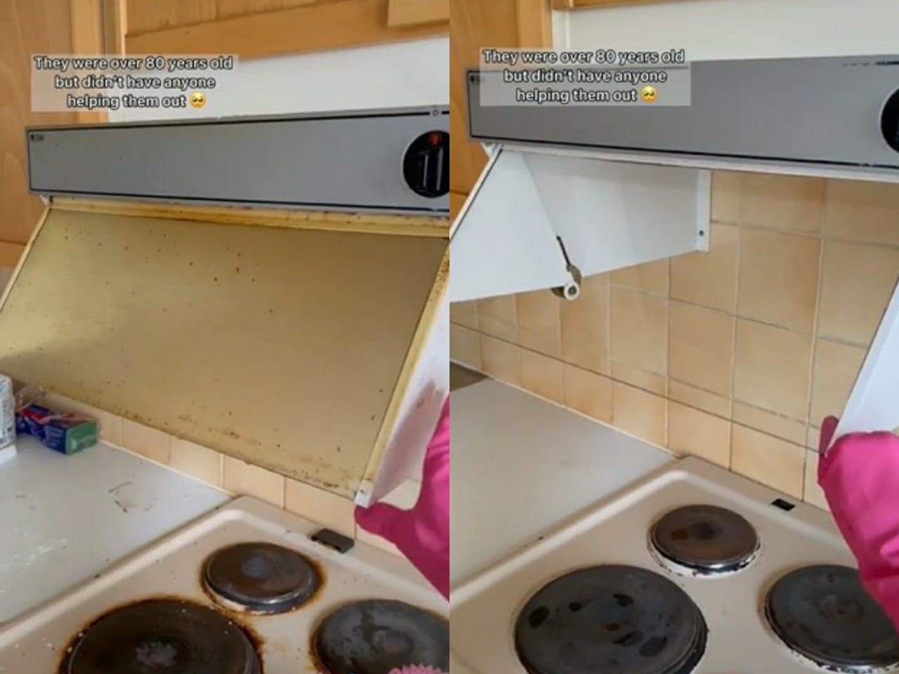 wanita bantu bersihkan perabotan dapur pasangan kakek nenek yang sudah renta.