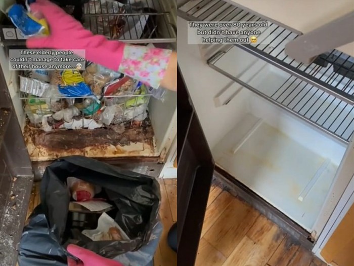 wanita bantu bersihkan perabotan dapur pasangan kakek nenek yang sudah renta.