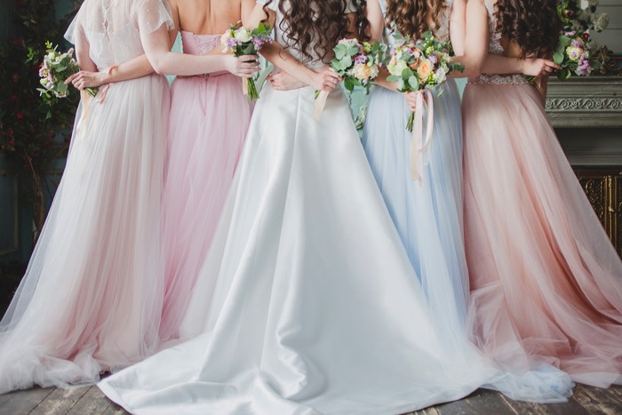 bridesmaid Beautiful young woman bride with friends. A wedding celebration, ladies in splendid dresses, Back view
