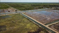 Foto udara jaringan irigasi untuk mengairi kawasan lumbung pangan nasional food estate Dadahup di Kabupaten Kapuas, Desa Bentuk Jaya, Kalimantan Tengah.  