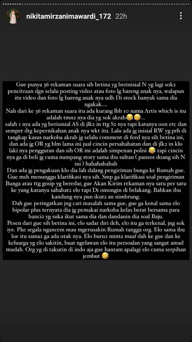 Nikita Mirzani murka dengan teman artis berinisial N