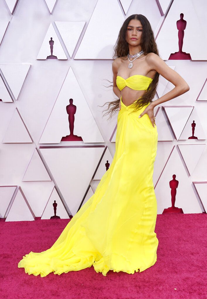 Zendaya arrives at the Oscars on Sunday, April 25, 2021, at Union Station in Los Angeles. (AP Photo/Chris Pizzello, Pool)