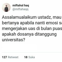 Coba tanya ke pihak universitasnya, siapa tahu mau berkompromi terus bersedia nanggung dosamu. Kalau bisa kabarin ya.. Foto: Twitter/@miftahaqq