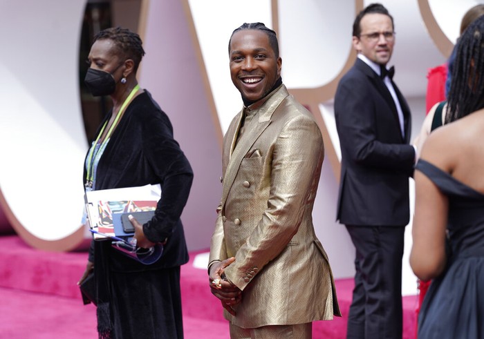 Leslie Odom Jr. arrives at the Oscars on Sunday, April 25, 2021, at Union Station in Los Angeles. (AP Photo/Chris Pizzello, Pool)