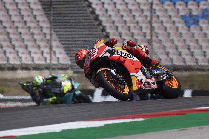 PORTIMAO, PORTUGAL - APRIL 18: Marc Marquez of Spain and Repsol Honda Honda leads the field during the MotoGP race during the MotoGP of Portugal - Race at Autodromo Internacional Do Algarve on April 18, 2021 in Portimao, Portugal. (Photo by Mirco Lazzari gp/Getty Images)