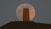 Penampakan Supermoon yang tampak berada di balik Glastonbury Tor yang di puncak bukit tersebut berdiri Menara St Michael yang diketahui merupakan salah satu bangunan bersejarah di kawasan tersebut. Finnbarr Webster/Getty Images.