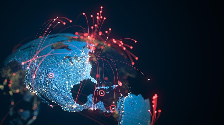 Ilustrasi Zona Merah High quality 3D rendered image, perfectly usable for topics related to big data, global networks, international flight routes or the spread of a pandemic / computer virus.
Textures courtesy of NASA:
https://visibleearth.nasa.gov/images/55167/earths-city-lights,
https://visibleearth.nasa.gov/images/73934/topography