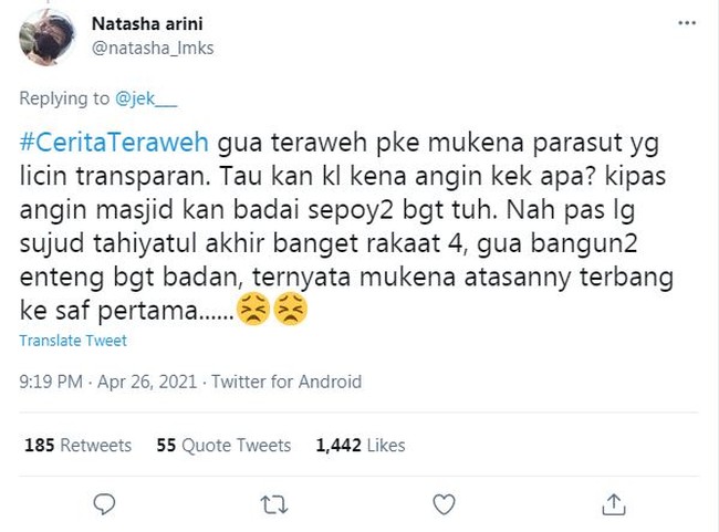 Yaudah besok-besok mukena parasutnya coba diganjel pakai batu biar nggak terbang lagi ya. Ada yang punya pengalaman serupa nggak? Foto: Twitter/@natasha_lmks