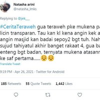 Yaudah besok-besok mukena parasutnya coba diganjel pakai batu biar nggak terbang lagi ya. Ada yang punya pengalaman serupa nggak? Foto: Twitter/@natasha_lmks