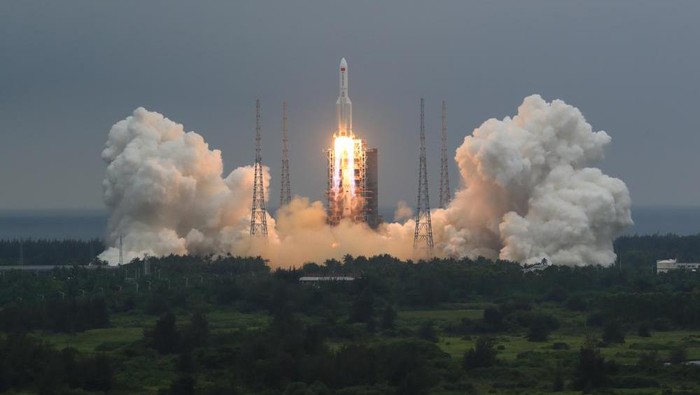 In this photo released by Chinas Xinhua News Agency, a Long March 5B rocket carrying a module for a Chinese space station lifts off from the Wenchang Spacecraft Launch Site in Wenchang in southern Chinas Hainan Province, Thursday, April 29, 2021. China has launched the core module on Thursday for its first permanent space station that will host astronauts long-term. (Ju Zhenhua/Xinhua via AP)