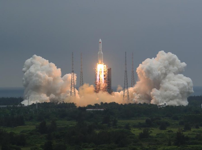 In this photo released by Chinas Xinhua News Agency, a Long March 5B rocket carrying a module for a Chinese space station lifts off from the Wenchang Spacecraft Launch Site in Wenchang in southern Chinas Hainan Province, Thursday, April 29, 2021. China has launched the core module on Thursday for its first permanent space station that will host astronauts long-term. (Ju Zhenhua/Xinhua via AP)