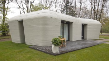Tampilan rumah yang telah dibangun dengan printer tiga dimensi di Eindhoven, Belanda, Jumat (30/4/2021) waktu setempat.  