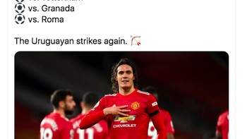 Edinson Cavani selalu mencetak gol dalam tiga pertandingan terakhirnya bersama MU. Foto: Twitter