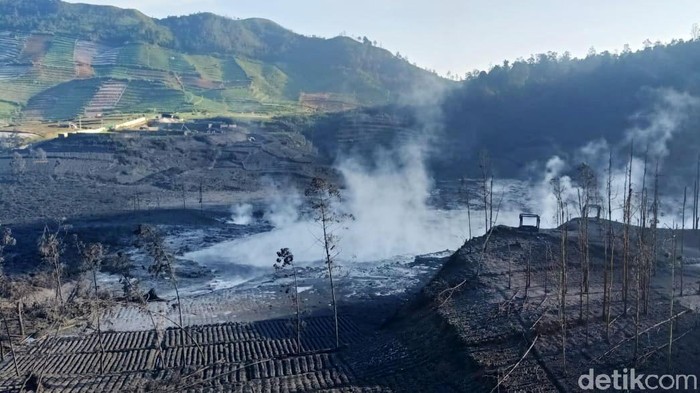 Kawah Sileri di dataran tinggi Dieng kembali erupsi, Kamis (29/4) malam. Lahan pertanian rusak akibat erupsi tersebut.