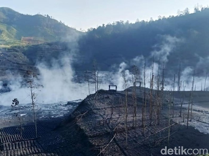 Kawah Sileri di dataran tinggi Dieng kembali erupsi, Kamis (29/4) malam. Lahan pertanian rusak akibat erupsi tersebut.