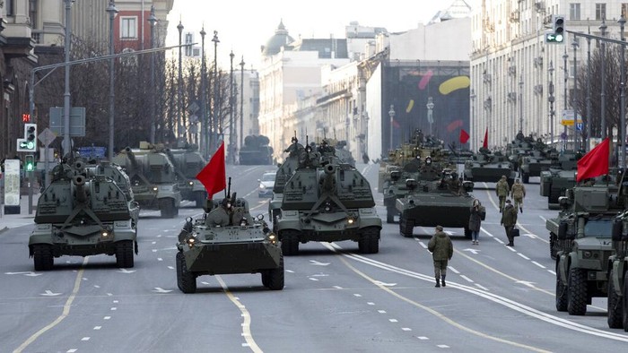 Parked Russian military vehicles preparing to roll along Tverskaya street toward Red Square during a rehearsal for the Victory Day military parade in Moscow, Russia, Thursday, April 29, 2021. The parade will take place at Moscows Red Square on May 9 to celebrate 76 years of the victory in WWII. (AP Photo/Alexander Zemlianichenko)
