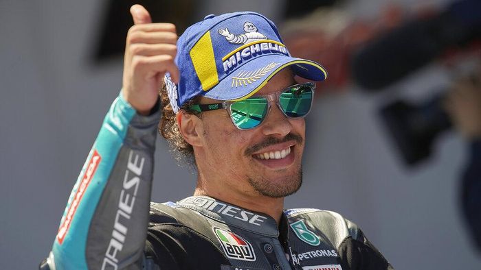 Franco Morbidelli Italian rider Franco Morbidelli celebrates taking third place after the MotoGP Spanish Motorcycle Grand Prix at the Angel Nieto racetrack in Jerez de la Frontera, Spain, Sunday, May 2, 2021. (AP Photo/Jose Breton)