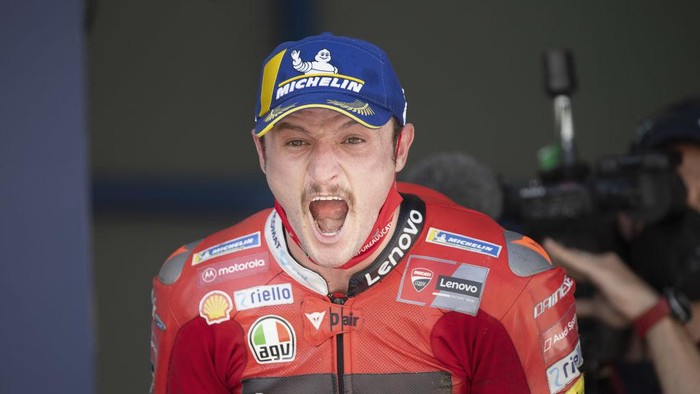 JEREZ DE LA FRONTERA, SPAIN - MAY 02: Jack Miller of Australia and Ducati Lenovo Team celebrates the victory under the podium at the end of the MotoGP race during the MotoGP of Spain - Race at Circuito de Jerez on May 02, 2021 in Jerez de la Frontera, Spain. (Photo by Mirco Lazzari gp/Getty Images)
