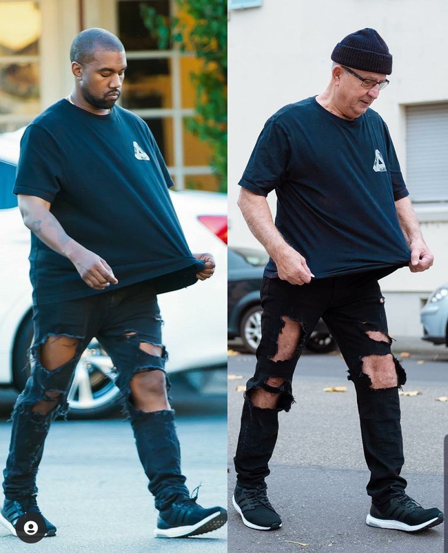 Uniknya, Gramps tak hanya meniru gaya fashion, tapi juga meniru pose selebriti. Seperti foto ini, Gramps meniru pose Kanye West. Foto: Dok. Instagram/@jaadiee