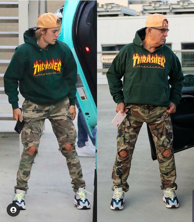 Kali ini Gramps tampil hypebeast ala Justin Bieber. Dari topi sampai sepatu, Gramps benar-benar menggunakan item fashion yang sama dengan Bieber. Foto: Dok. Instagram/@jaadiee