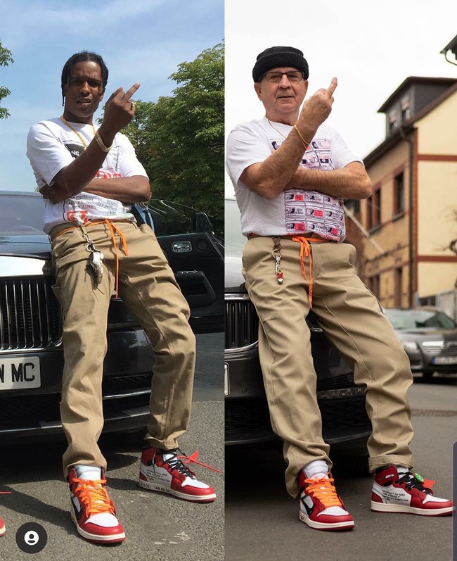 Kaus putih, celana chino dan sama-sama pakai sepatu Off White, Gramps meniru gaya rapper ASAP Rocky. Siapa yang lebih swag? Foto: Dok. Instagram/@jaadiee