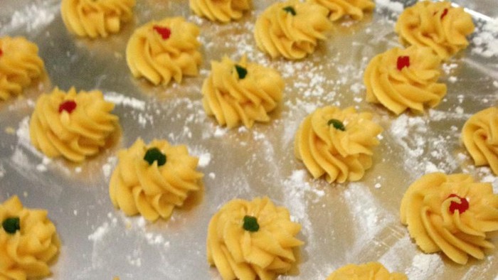 Preparation of kueh semprit for Hari Raya Aidilfitri (Muslim festival celebration). It is also known as biskut dahlia.