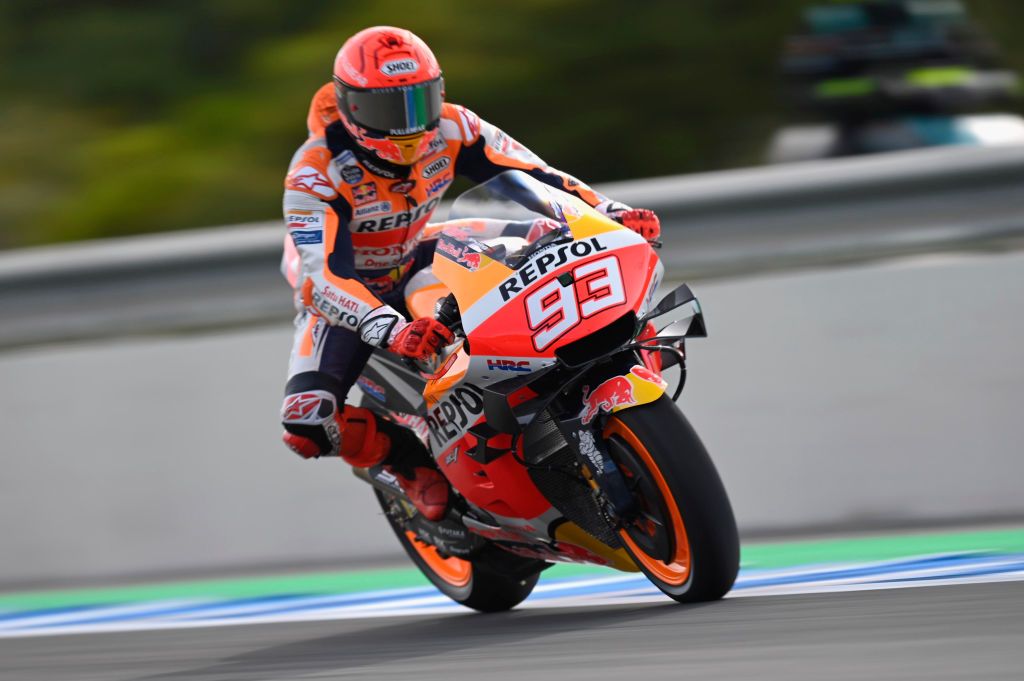 JEREZ DE LA FRONTERA, SPAIN - APRIL 30: Marc Marquez of Spain and Repsol Honda Team heads down a straight during Free Practice for the MotoGP of Spain at Circuito de Jerez on April 30, 2021 in Jerez de la Frontera, Spain. (Photo by Mirco Lazzari gp/Getty Images)