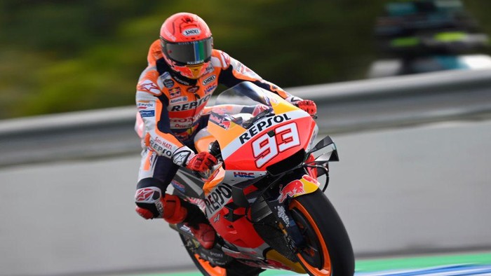 JEREZ DE LA FRONTERA, SPAIN - APRIL 30: Marc Marquez of Spain and Repsol Honda Team heads down a straight during Free Practice for the MotoGP of Spain at Circuito de Jerez on April 30, 2021 in Jerez de la Frontera, Spain. (Photo by Mirco Lazzari gp/Getty Images)
