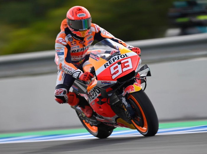 JEREZ DE LA FRONTERA, SPAIN - APRIL 30: Marc Marquez of Spain and Repsol Honda Team heads down a straight during Free Practice for the MotoGP of Spain at Circuito de Jerez on April 30, 2021 in Jerez de la Frontera, Spain. (Photo by Mirco Lazzari gp/Getty Images)