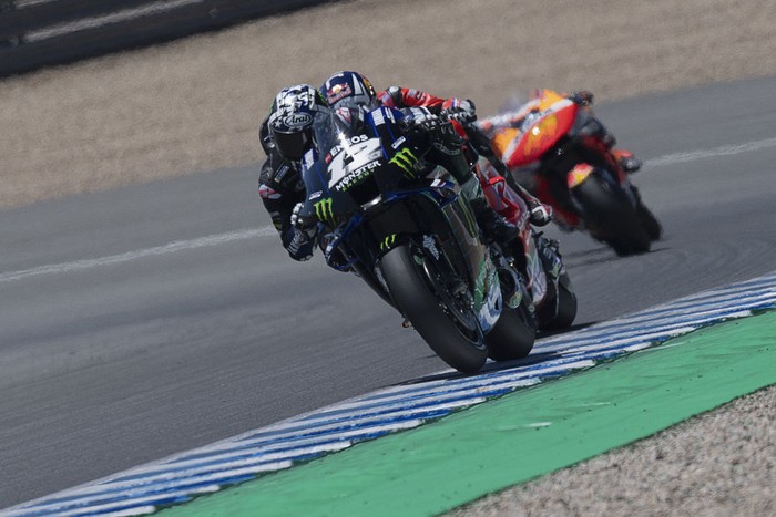 JEREZ DE LA FRONTERA, SPAIN - MAY 02: Maverick Vinales of Spain and Monster Energy Yamaha MotoGP Team     leads the field during the MotoGP race during the MotoGP of Spain - Race at Circuito de Jerez on May 02, 2021 in Jerez de la Frontera, Spain. (Photo by Mirco Lazzari gp/Getty Images)