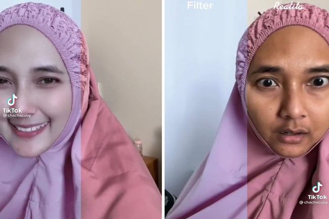 “Filter laknuut. Hallo dunia tipu2,” tulis wanita asal Sumatera Barat yang menggunakan filter viral ini. Dirinya tampak seperti mengenakan makeup secara magis. Foto: dok TikTok chachacuby