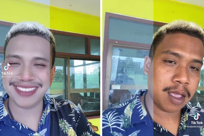 Pria asal Thailand ini tak ketinggalan ‘hype’ untuk mencoba filter viral. Auto mulus dan putih, ini transformasinya yang sudah ‘glowing’. Bikin pangling nggak? Foto: dok TikTok thebellchanel