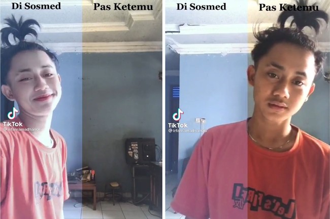 “Kan ketahuan aslinya,” tulis pria yang membandingkan penampilannya di media sosial dan saat bertemu langsung. Kamu ikut pangling nggak? Foto: dok TikTok irfanramadhan06