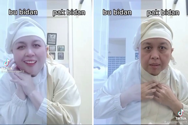 Gara-gara filter, seseorang bisa salah panggilan. Seperti pria asal Indonesia ini yang berprofesi sebagai bidan. Ini transformasi kocaknya jika menjadi ibu bidan. Foto: dok TikTok yuyunrbanggun13