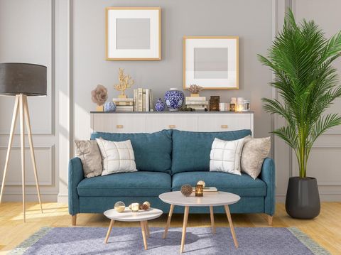 Living Room Interior With Picture Frame On Gray Walls