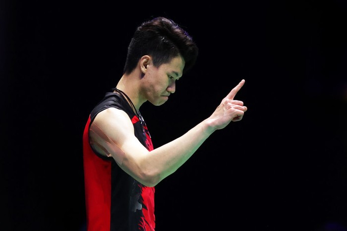 BIRMINGHAM, ENGLAND - MARCH 21: Lee Zii Jia of Malaysia 
 celebrates match point during the Mens Final against Viktor Axelsen of Denmark during day five of YONEX All England Open Badminton Championships at Utilita Arena Birmingham on March 21, 2021 in Birmingham, England. (Photo by Naomi Baker/Getty Images)