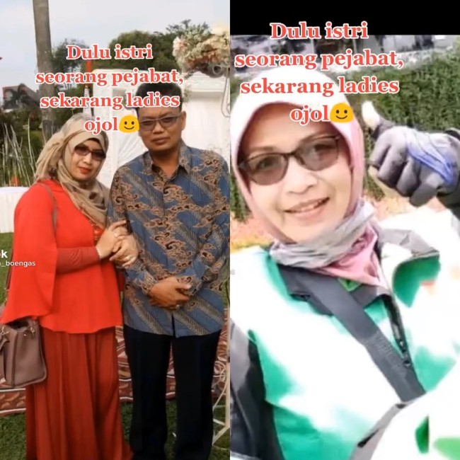 Ibu yang bernama Galuh ini menjadi perbincangan warganet di TikTok. Ia menceritakan kehidupannya yang berubah drastis. Dia mengaku dulunya seorang istri pejabat, kini menjadi pengemudi ojek online. Foto: Dok. Tangkap layar akun TikTok @galuh_boengas