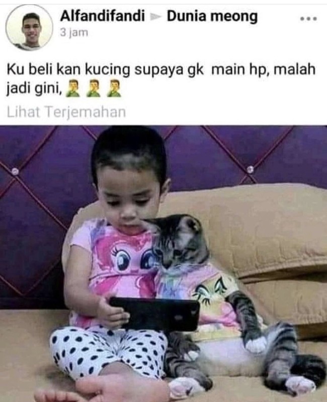 Namun sungguh tak diduga, bukannya berhenti bermain HP, sang anak justru tetap bermain HP bersama si kucing. Foto-foto menggemaskan sang anak dengan kucing peliharaannya itu pun banyak beredar di internet dan disukai oleh para warganet. Foto: Facebook/Dunia Meong