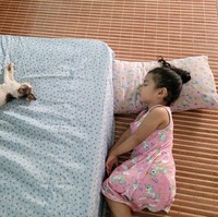 Tak hanya bermain HP bersama, bocah perempuan itu pun melakukan beragam aktivitas bersama si kucing peliharaannya. Seperti yang satu ini. Lucunya, yang tidur di atas kasur justru kucing peliharaannya, bukan sang anak. Foto: Facebook/@pipiandfriend